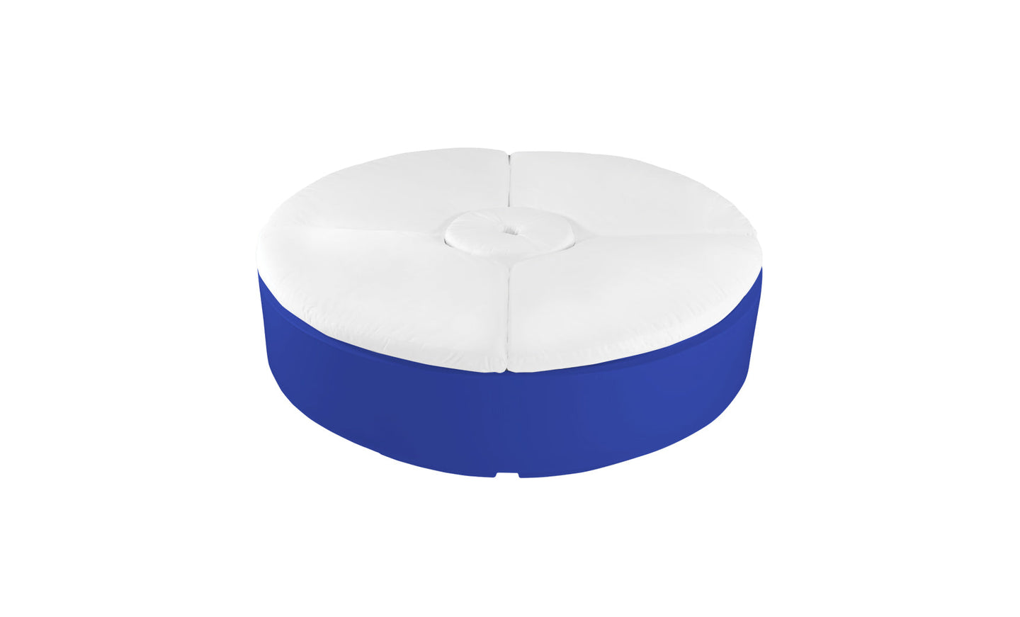 Relax in style with the Ledge Lounger Signature Round Sunbed, featuring a white cushioned top and blue base. Perfect for outdoor spaces, its minimalist design and central button detail offer a modern touch to your decor.