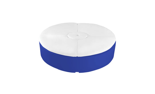 Relax in style with the Ledge Lounger Signature Round Sunbed, featuring a white cushioned top and blue base. Perfect for outdoor spaces, its minimalist design and central button detail offer a modern touch to your decor.