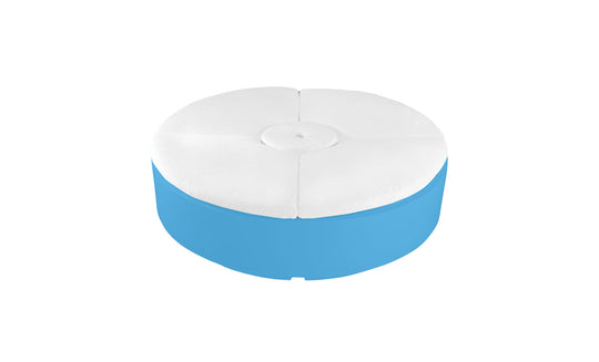 The Signature Round Sunbed by Ledge Lounger is a blue and white, inflatable ottoman with a button-tufted top, ideal for any outdoor space.