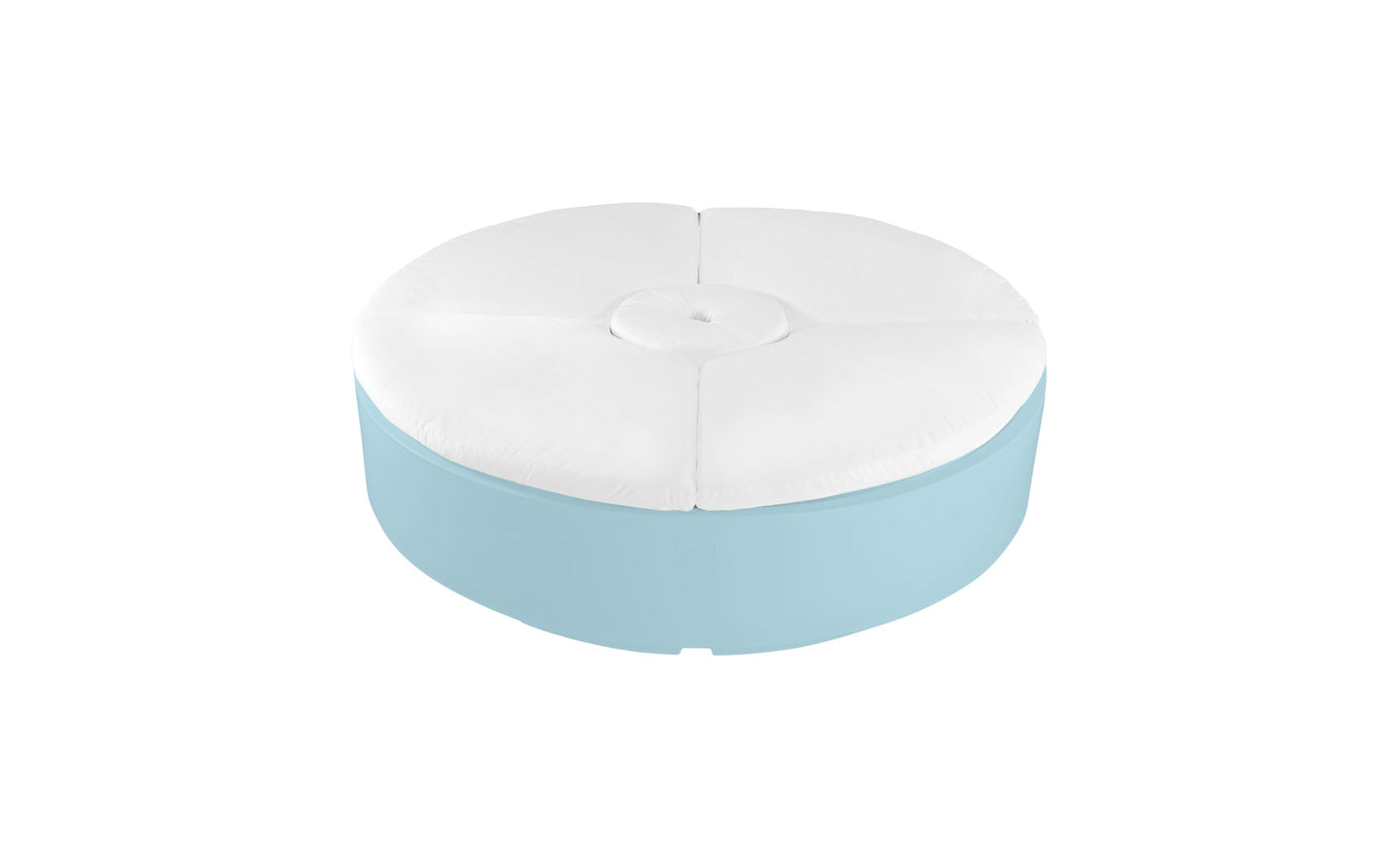 The Signature Round Sunbed by Ledge Lounger features a light blue base and white cushioned top, perfect for enhancing any outdoor space. Its tufted design with a central button adds modern appeal, combining style and relaxation.