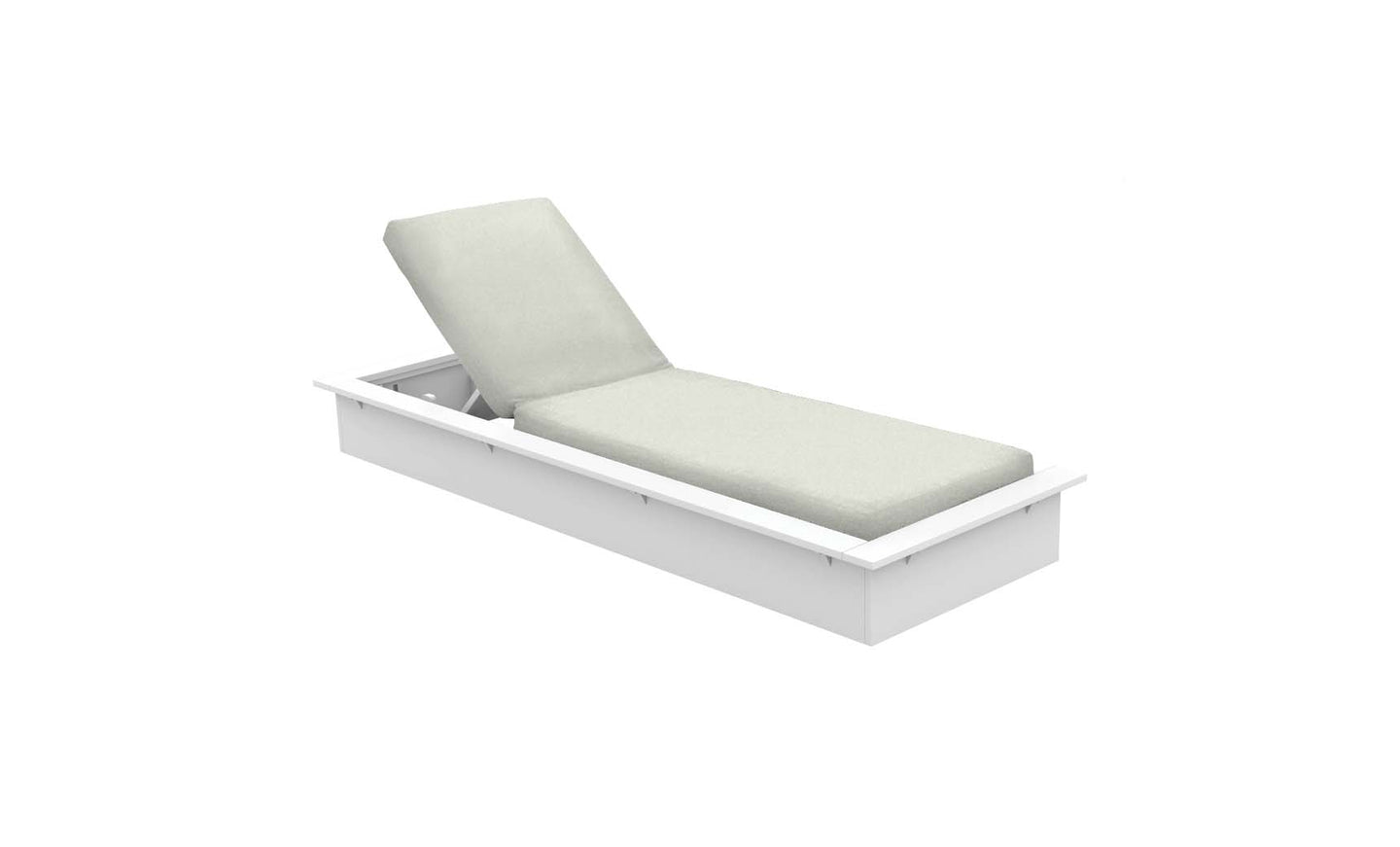 The Echo Chaise by Ledge Lounger, a white rectangular lounger with an adjustable backrest and light sage green cushion, enhances any outdoor space with its minimalist design. It is set elegantly against a plain white backdrop in a partially reclined position.