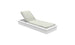 The Echo Chaise by Ledge Lounger, a white rectangular lounger with an adjustable backrest and light sage green cushion, enhances any outdoor space with its minimalist design. It is set elegantly against a plain white backdrop in a partially reclined position.