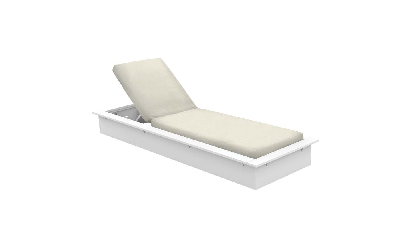 The Ledge Lounger Echo Chaise, a sleek white lounger with an adjustable backrest and light beige cushion, is the perfect addition to enhance any outdoor space and is showcased against a plain white background.