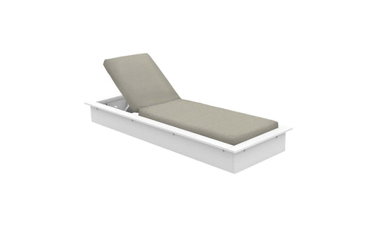 The Echo Chaise by Ledge Lounger features a white base and adjustable backrest with olive green cushions, ideal for elevating any outdoor space. Pictured against a stark white background, it offers both style and comfort.