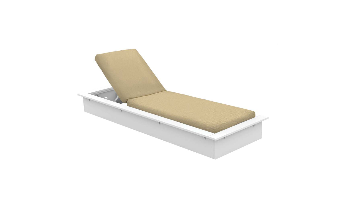 The Echo Chaise by Ledge Lounger is a beige cushioned chaise lounger with an adjustable backrest on a sleek white frame, ideal for enhancing your outdoor space, set against a plain white background.