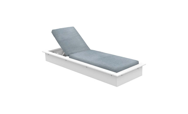 The Echo Chaise by Ledge Lounger is a sun lounger with a white frame, adjustable backrest, and teal cushion, ideal for outdoor spaces.