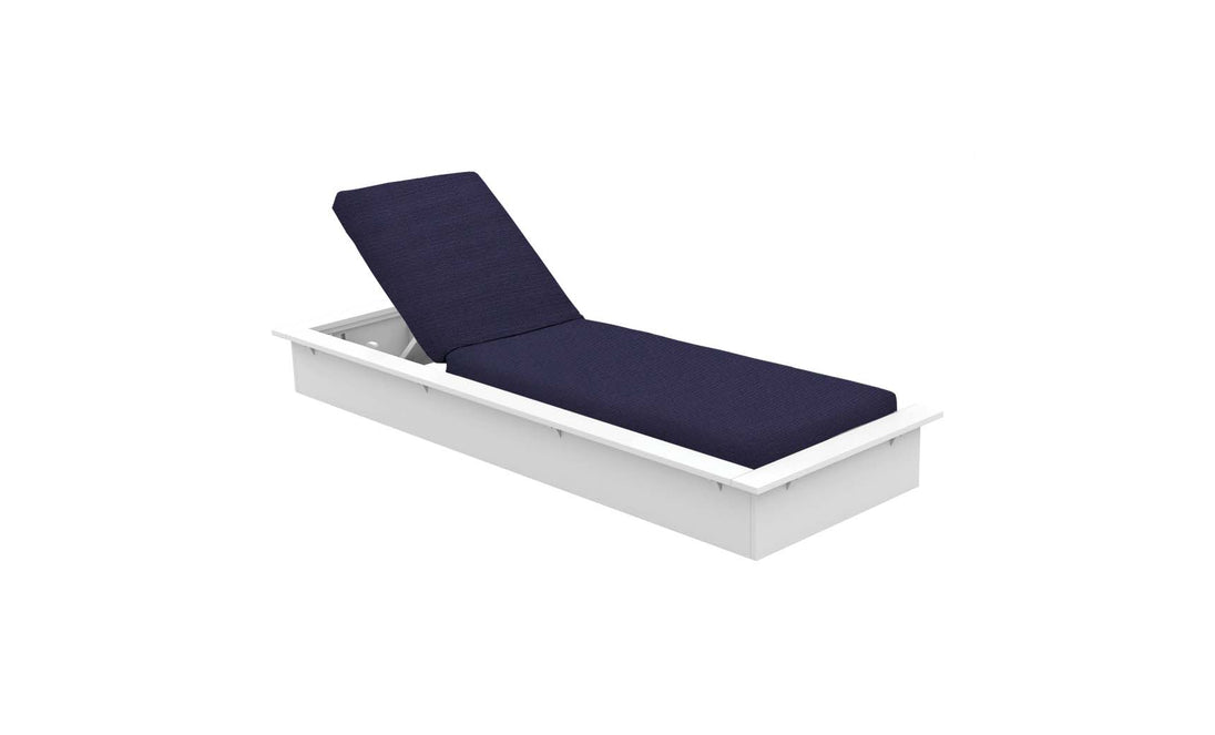 The Echo Chaise by Ledge Lounger is a white outdoor lounger with a navy blue cushion and adjustable backrest, offering the perfect recline. It’s ideal for any outdoor area and stands elegantly on a plain white background.