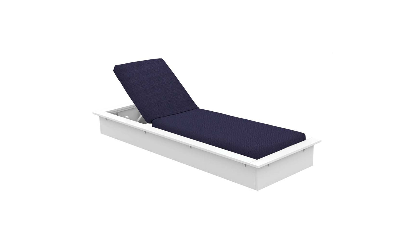 The Echo Chaise by Ledge Lounger is a white outdoor lounger with a navy blue cushion and adjustable backrest, offering the perfect recline. It’s ideal for any outdoor area and stands elegantly on a plain white background.