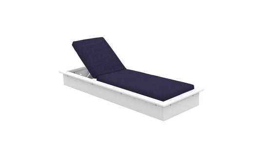 The Echo Chaise by Ledge Lounger is a white outdoor lounger with a navy blue cushion and adjustable backrest, offering the perfect recline. It’s ideal for any outdoor area and stands elegantly on a plain white background.