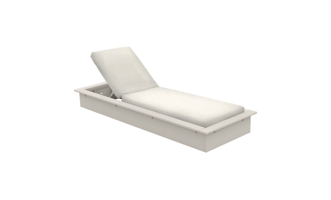 The Echo Chaise by Ledge Lounger is a cushioned white chaise lounger featuring an adjustable backrest and a rectangular base, set against a plain white background.