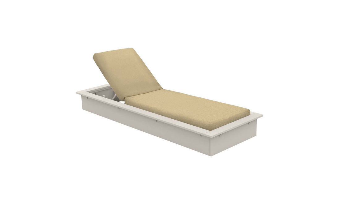 The Echo Chaise by Ledge Lounger is a beige cushioned chaise lounger with an adjustable backrest set on a sleek white frame, elegantly angled against a plain white backdrop. It enhances any outdoor space with comfort and style.