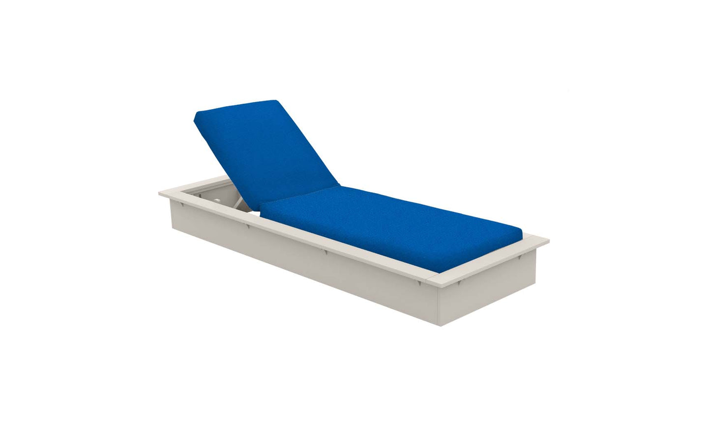 The Echo Chaise by Ledge Lounger is a modern white lounger with a blue cushioned seat and backrest in a reclined position. Its adjustable backrest is set within a rectangular frame, ideal for any outdoor space, shown against a plain white background.