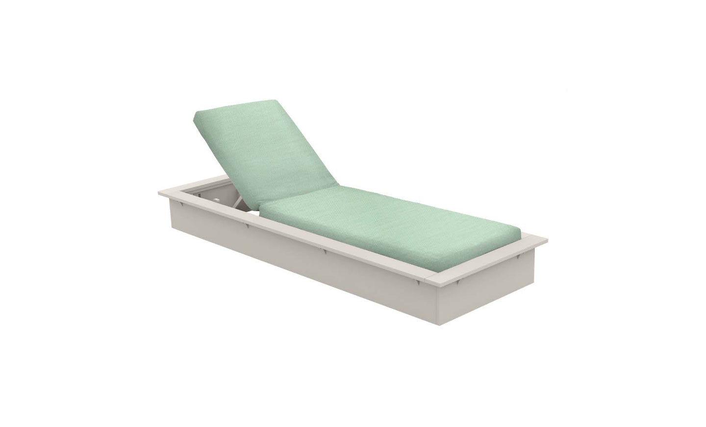 The Echo Chaise by Ledge Lounger, featuring a white adjustable frame and light green cushion, is set against a plain white background. Ideal for outdoor spaces, it offers a reclining backrest and minimalist design for ultimate relaxation.