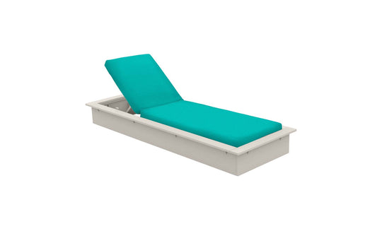The Echo Chaise by Ledge Lounger offers a beige lounger with a teal cushion, perfect for outdoor spaces. Its adjustable backrest is shown partially reclined and boasts a simple, sleek frame design.