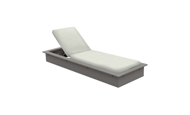 The Echo Chaise by Ledge Lounger is a modern gray outdoor lounge chair featuring an adjustable cushioned backrest. Presented on a white background, this chaise offers comfort and sleek design, ideal for any patio or poolside setting.