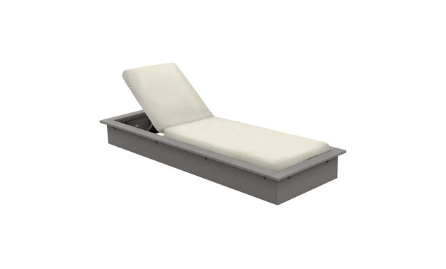 The Echo Chaise by Ledge Lounger features a white cushioned design with an adjustable backrest on a sleek gray base, perfect for elevating any outdoor space with its elegant simplicity.