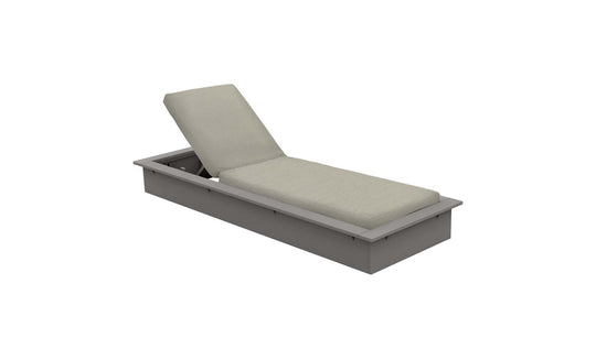 The Echo Chaise by Ledge Lounger is a modern, minimalist gray lounger with an adjustable backrest and light beige cushioning. Its sleek rectangular base makes it ideal for relaxing in both outdoor spaces and indoor settings.