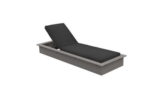 The Echo Chaise by Ledge Lounger features a gray frame and dark cushion, perfect for any outdoor space. Its adjustable backrest adds comfort, while the sleek, minimalist design makes it ideal for patio or poolside relaxation.