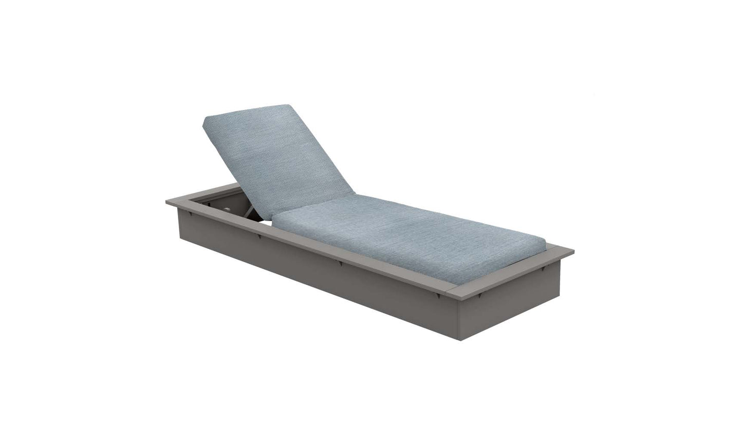 The Echo Chaise by Ledge Lounger, with its light blue cushion and adjustable backrest on a sleek gray base, is perfect for enhancing any outdoor space.