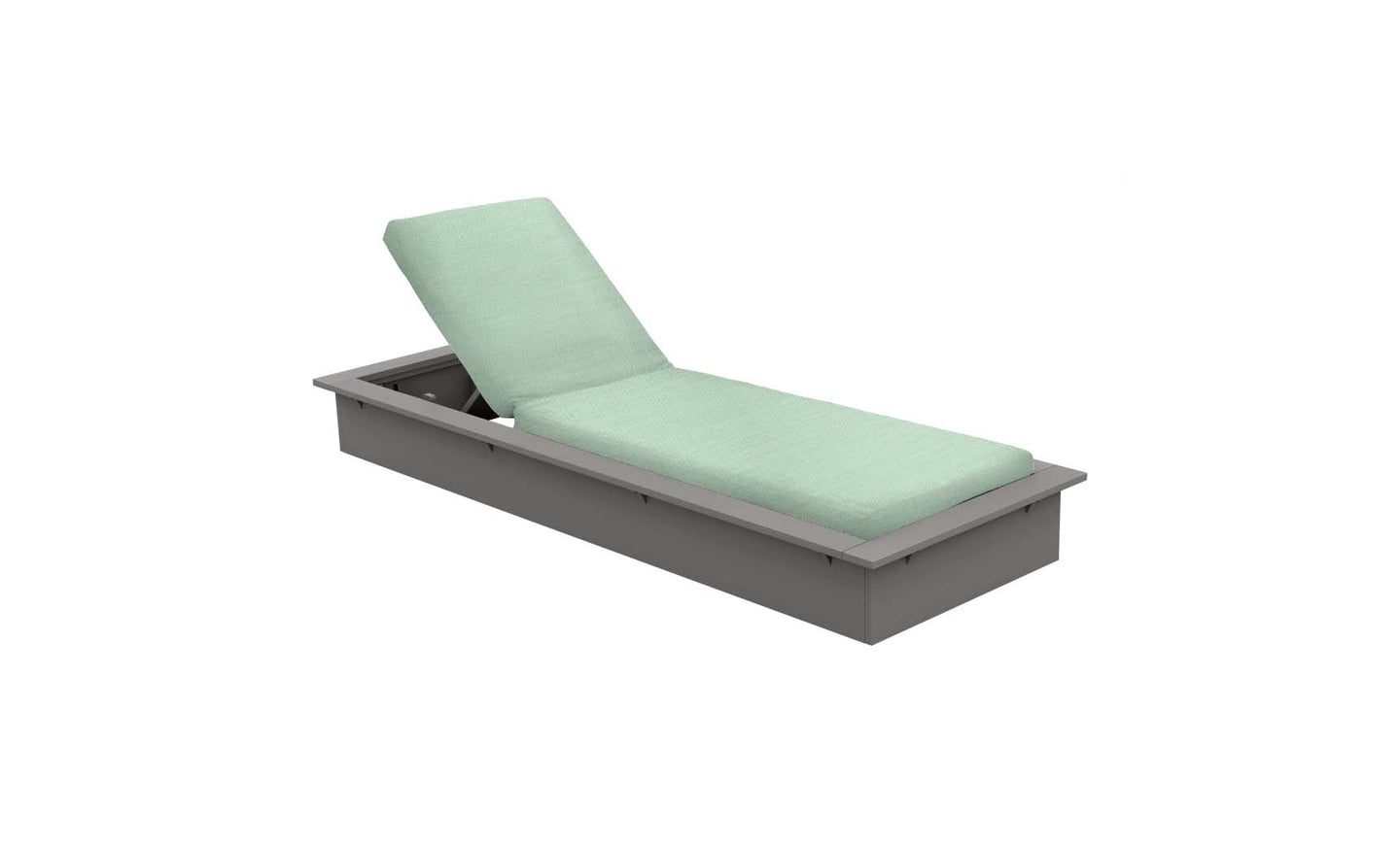 The Ledge Lounger Echo Chaise is a light green cushioned lounger featuring an adjustable backrest and rests on a sleek gray rectangular frame, making it a perfect addition to any outdoor space.