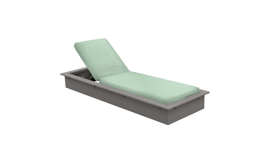 The Ledge Lounger Echo Chaise is a light green cushioned lounger featuring an adjustable backrest and rests on a sleek gray rectangular frame, making it a perfect addition to any outdoor space.