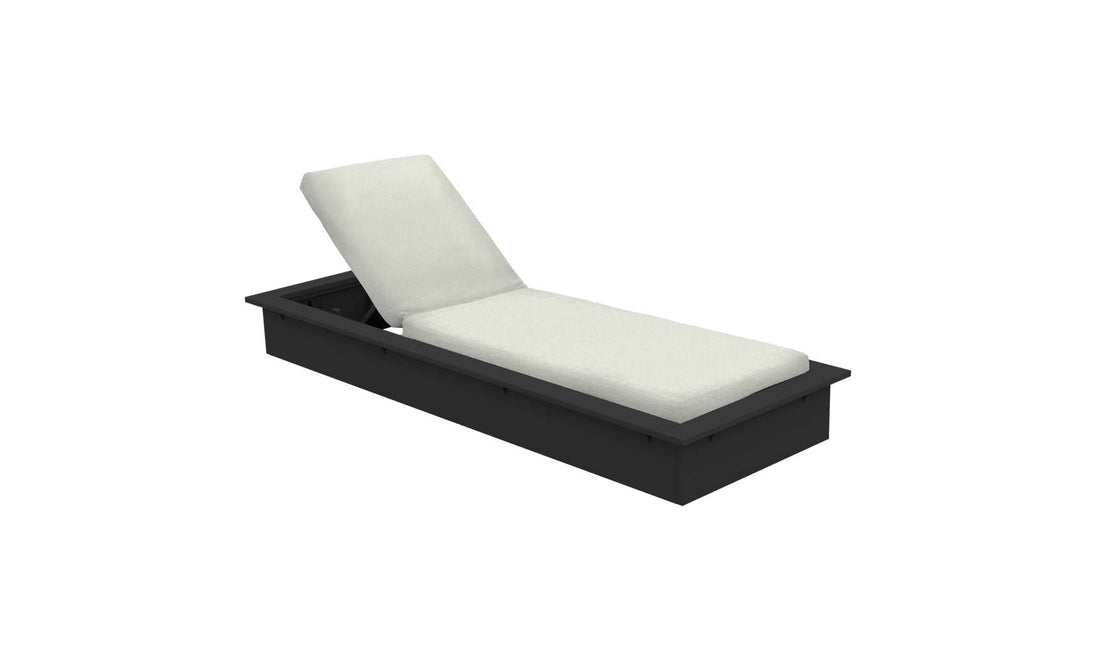 The Echo Chaise by Ledge Lounger is a modern black chaise lounger featuring a white cushioned seat and adjustable backrest, ideal for any outdoor space, set against a plain white background.