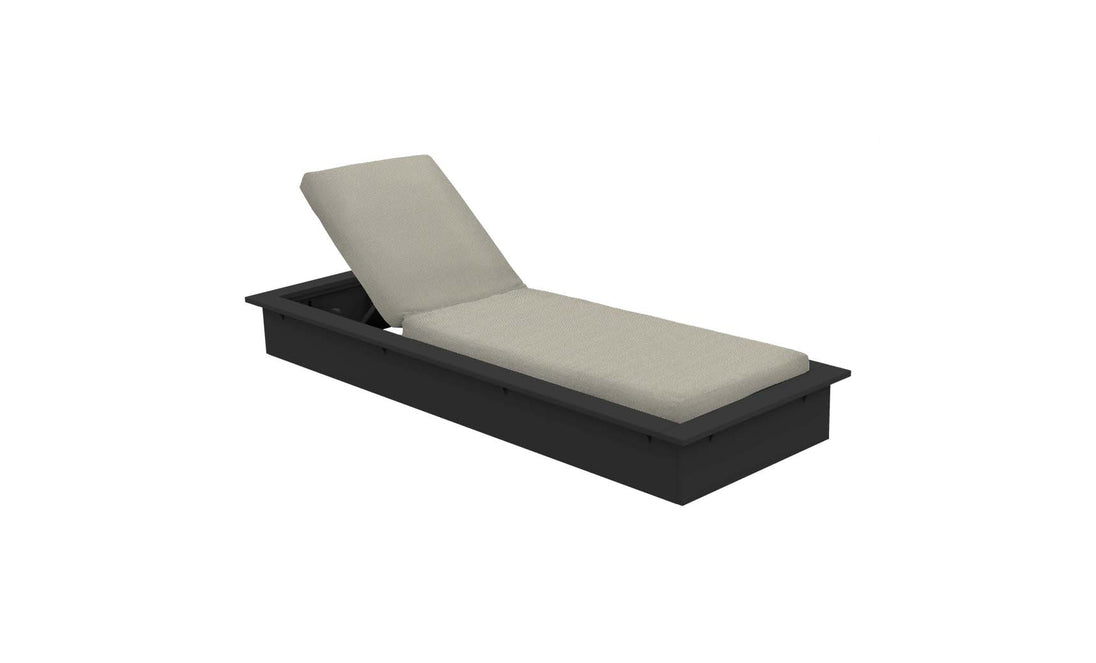 The Echo Chaise by Ledge Lounger features a cushioned beige fabric seat and backrest on a rectangular black frame, ideal for outdoor spaces. Its slightly elevated backrest enhances its minimalistic and modern design.