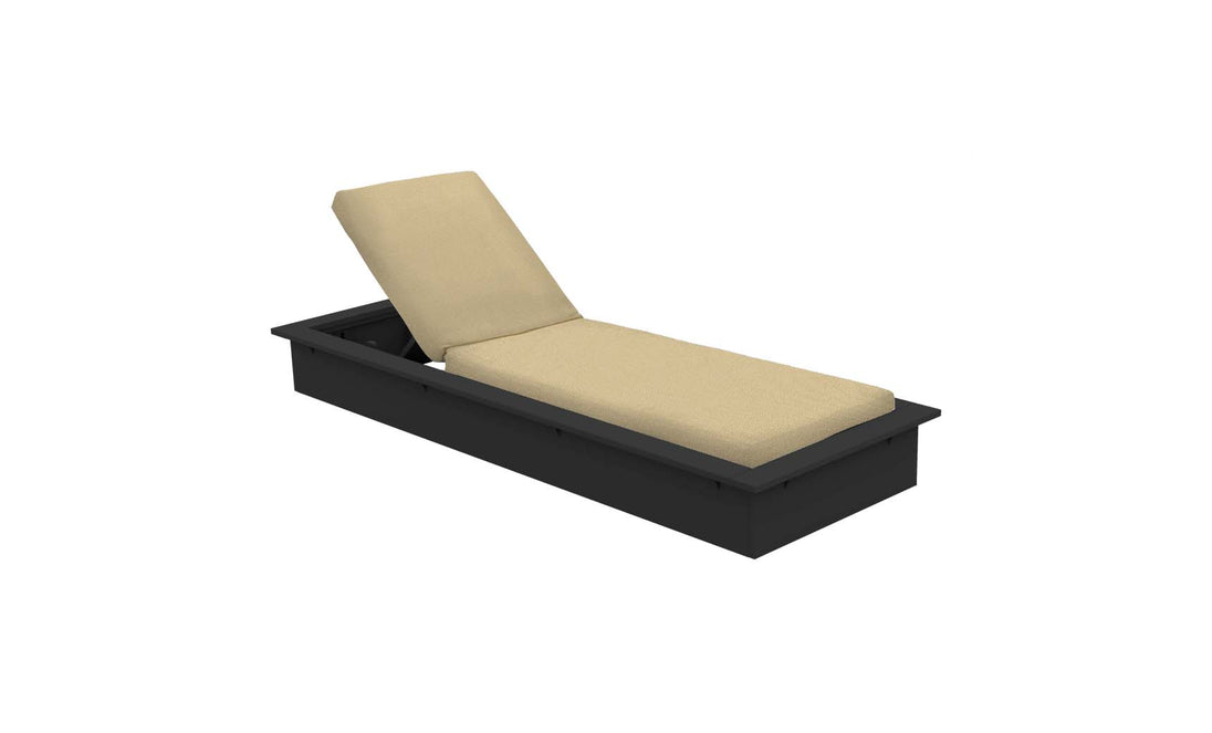 Beige Echo Chaise by Ledge Lounger features an adjustable backrest and a dark rectangular base, set against a plain white background. Perfect for adding comfort and style to your outdoor space.