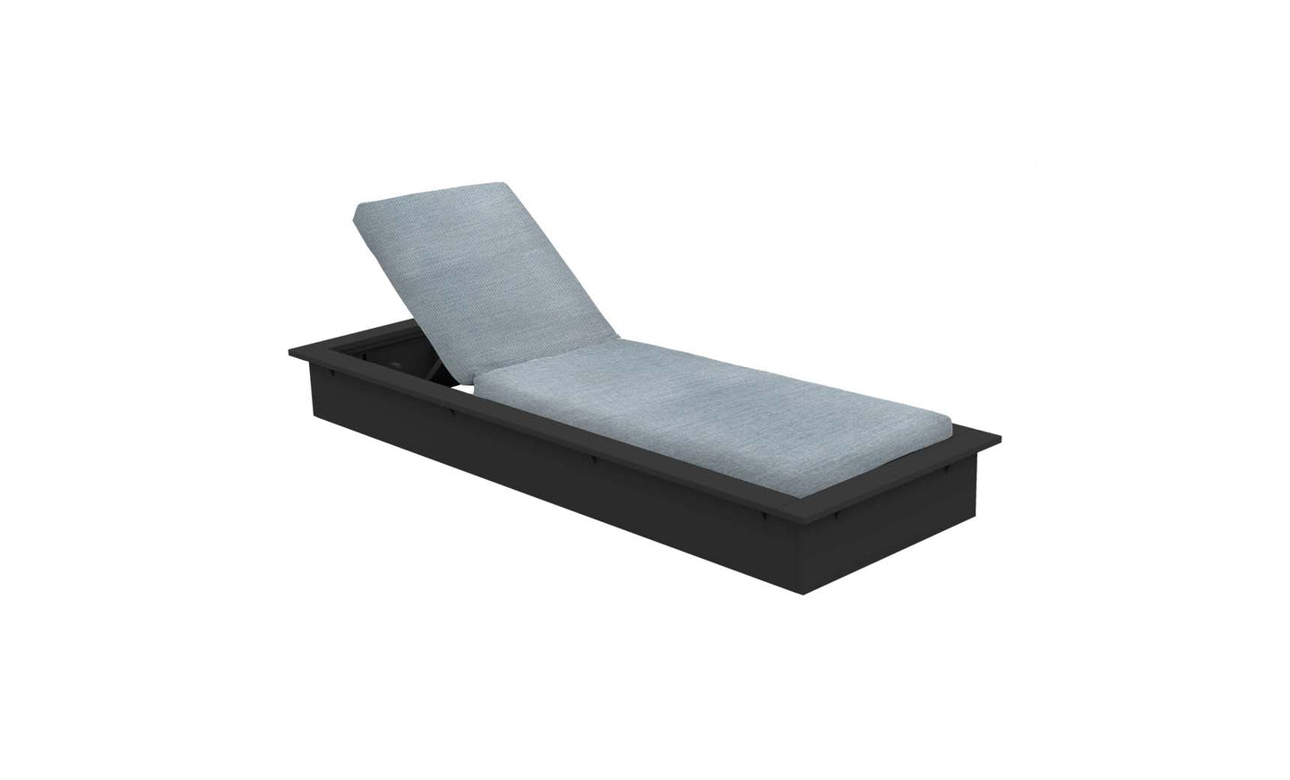 The Echo Chaise by Ledge Lounger is a modern lounger with light gray cushions on a black base, angled slightly upward. Its simple and minimalistic design enhances any outdoor space, perfect for a patio or garden setting.