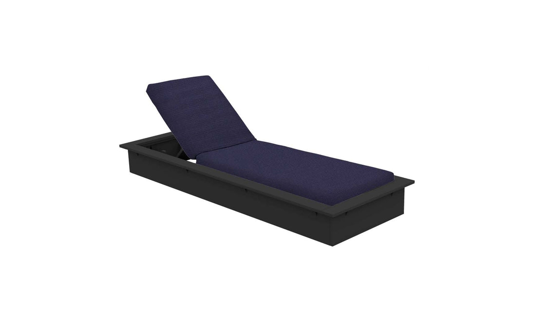 The Echo Chaise by Ledge Lounger is a navy blue, cushioned lounger featuring an adjustable backrest on a black rectangular base. Viewed from a three-quarter angle, its perfect for elevating your outdoor space.