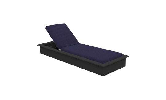 The Echo Chaise by Ledge Lounger is a navy blue, cushioned lounger featuring an adjustable backrest on a black rectangular base. Viewed from a three-quarter angle, its perfect for elevating your outdoor space.