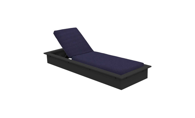 The Echo Chaise by Ledge Lounger is a navy blue, cushioned lounger featuring an adjustable backrest on a black rectangular base. Viewed from a three-quarter angle, its perfect for elevating your outdoor space.
