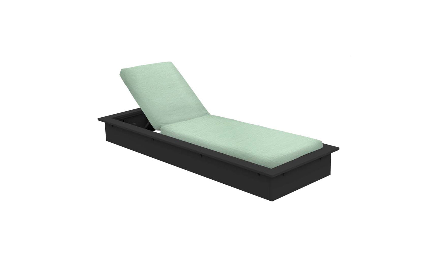 The Echo Chaise by Ledge Lounger features a sleek black base, light green cushions, and an adjustable backrest for optimal comfort. This modern chaise is perfect for transforming your outdoor space into a stylish lounging area against a plain white background.