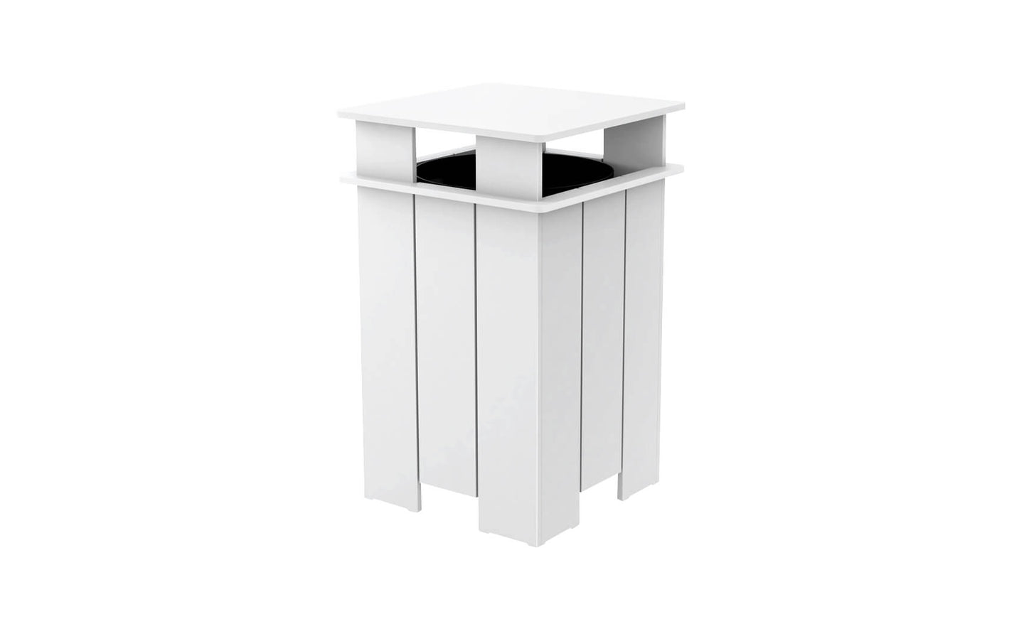 The Mainstay Trash Bin by Ledge Lounger is a tall, white, boxy planter with vertical slats and a flat top featuring a black inner pot. Ideal for indoor or outdoor use, it boasts UV-stable materials and clean lines for a modern aesthetic.
