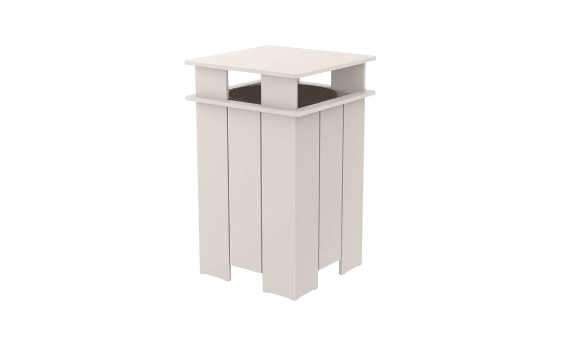The Ledge Lounger Mainstay Trash Bin, on final sale, is a beige rectangular outdoor can with an open top and four wide vertical slats, featuring a flat square cover supported by short horizontal beams.