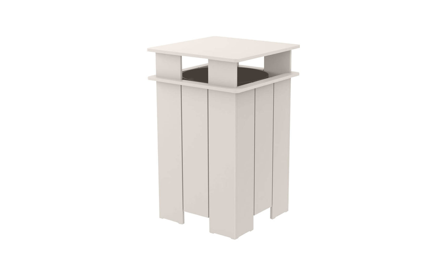 The Ledge Lounger Mainstay Trash Bin, on final sale, is a beige rectangular outdoor can with an open top and four wide vertical slats, featuring a flat square cover supported by short horizontal beams.