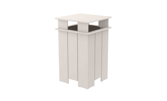 The Ledge Lounger Mainstay Trash Bin, on final sale, is a beige rectangular outdoor can with an open top and four wide vertical slats, featuring a flat square cover supported by short horizontal beams.