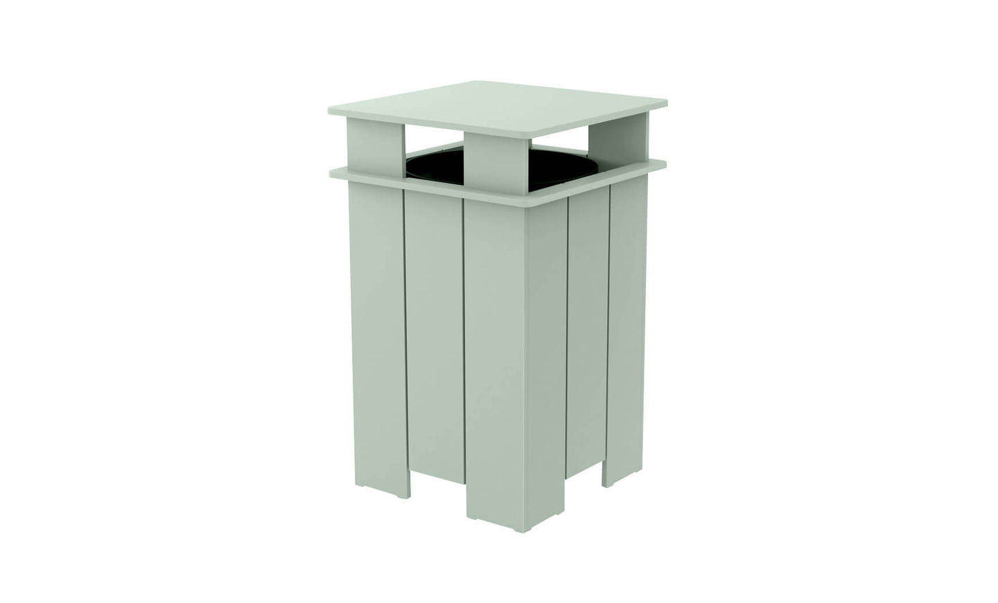 The Ledge Lounger Mainstay Trash Bin is a mint green, square outdoor patio trash can with vertical slats and a flat top. Made from UV stable materials, its open-top design features a covered structure, ideal for public spaces.