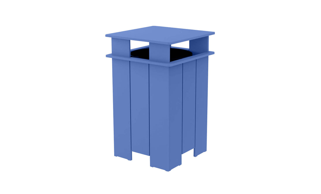 A blue, rectangular Mainstay Trash Bin by Ledge Lounger, featuring a slatted design and an open top. Final sale.