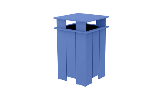 A blue, rectangular Mainstay Trash Bin by Ledge Lounger, featuring a slatted design and an open top. Final sale.