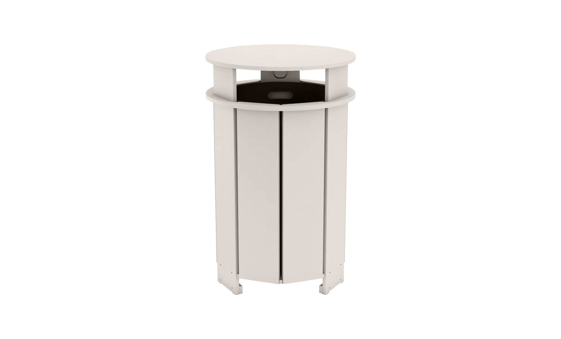 The Mainstay Trash Bin by Ledge Lounger is a sleek, modern metal bin with vertical slats and a round lid. It features a cylindrical shape and an opening beneath the lid for easy disposal. Light gray in color, its designed for outdoor or public spaces. Final sale item.
