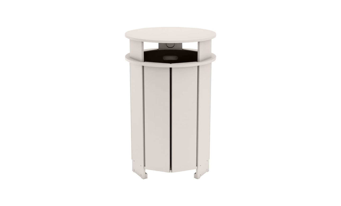 The Mainstay Trash Bin by Ledge Lounger is a sleek, modern metal bin with vertical slats and a round lid. It features a cylindrical shape and an opening beneath the lid for easy disposal. Light gray in color, its designed for outdoor or public spaces. Final sale item.