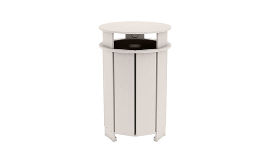 The Mainstay Trash Bin by Ledge Lounger is a sleek, modern metal bin with vertical slats and a round lid. It features a cylindrical shape and an opening beneath the lid for easy disposal. Light gray in color, its designed for outdoor or public spaces. Final sale item.