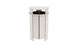 The Mainstay Trash Bin by Ledge Lounger is a sleek, modern metal bin with vertical slats and a round lid. It features a cylindrical shape and an opening beneath the lid for easy disposal. Light gray in color, its designed for outdoor or public spaces. Final sale item.