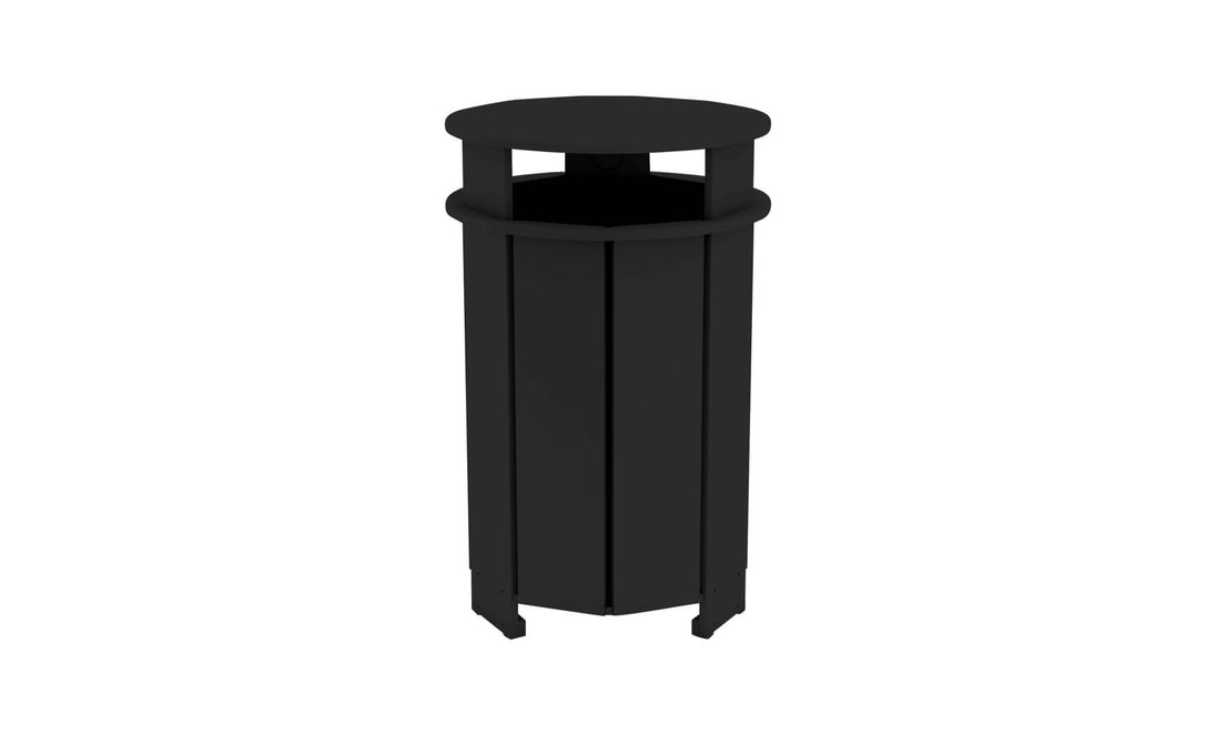 The Mainstay Trash Bin by Ledge Lounger is a black, cylindrical patio trash can featuring a flat lid and vertical panel design. Made from UV stable materials, it has an open top for easy disposal and sits securely on any flat surface.