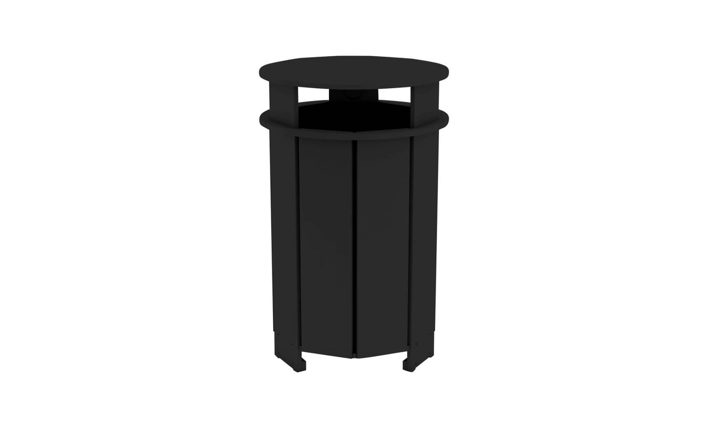 The Mainstay Trash Bin by Ledge Lounger is a black, cylindrical patio trash can featuring a flat lid and vertical panel design. Made from UV stable materials, it has an open top for easy disposal and sits securely on any flat surface.