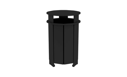 The Mainstay Trash Bin by Ledge Lounger is a black, cylindrical patio trash can featuring a flat lid and vertical panel design. Made from UV stable materials, it has an open top for easy disposal and sits securely on any flat surface.