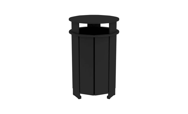 The Mainstay Trash Bin by Ledge Lounger is a black, cylindrical patio trash can featuring a flat lid and vertical panel design. Made from UV stable materials, it has an open top for easy disposal and sits securely on any flat surface.