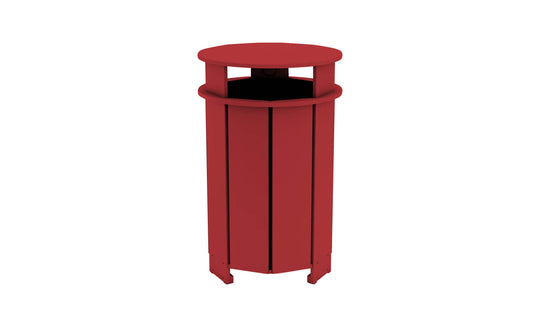 The Ledge Lounger Mainstay Trash Bin is a UV stable red cylindrical outdoor trash can with vertical slats and a round top cover, ideal for public spaces or patios. Its base is slightly elevated on small legs for added stability and style.