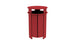 The Ledge Lounger Mainstay Trash Bin is a UV stable red cylindrical outdoor trash can with vertical slats and a round top cover, ideal for public spaces or patios. Its base is slightly elevated on small legs for added stability and style.